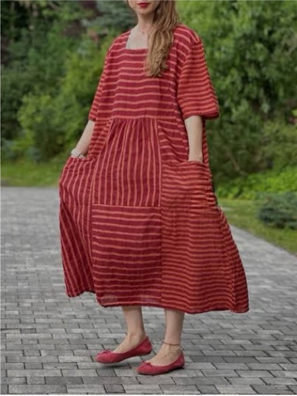 Gudrum Sjoden Burgundy Rust Striped Patch Pocket Cotton Midi Dress M